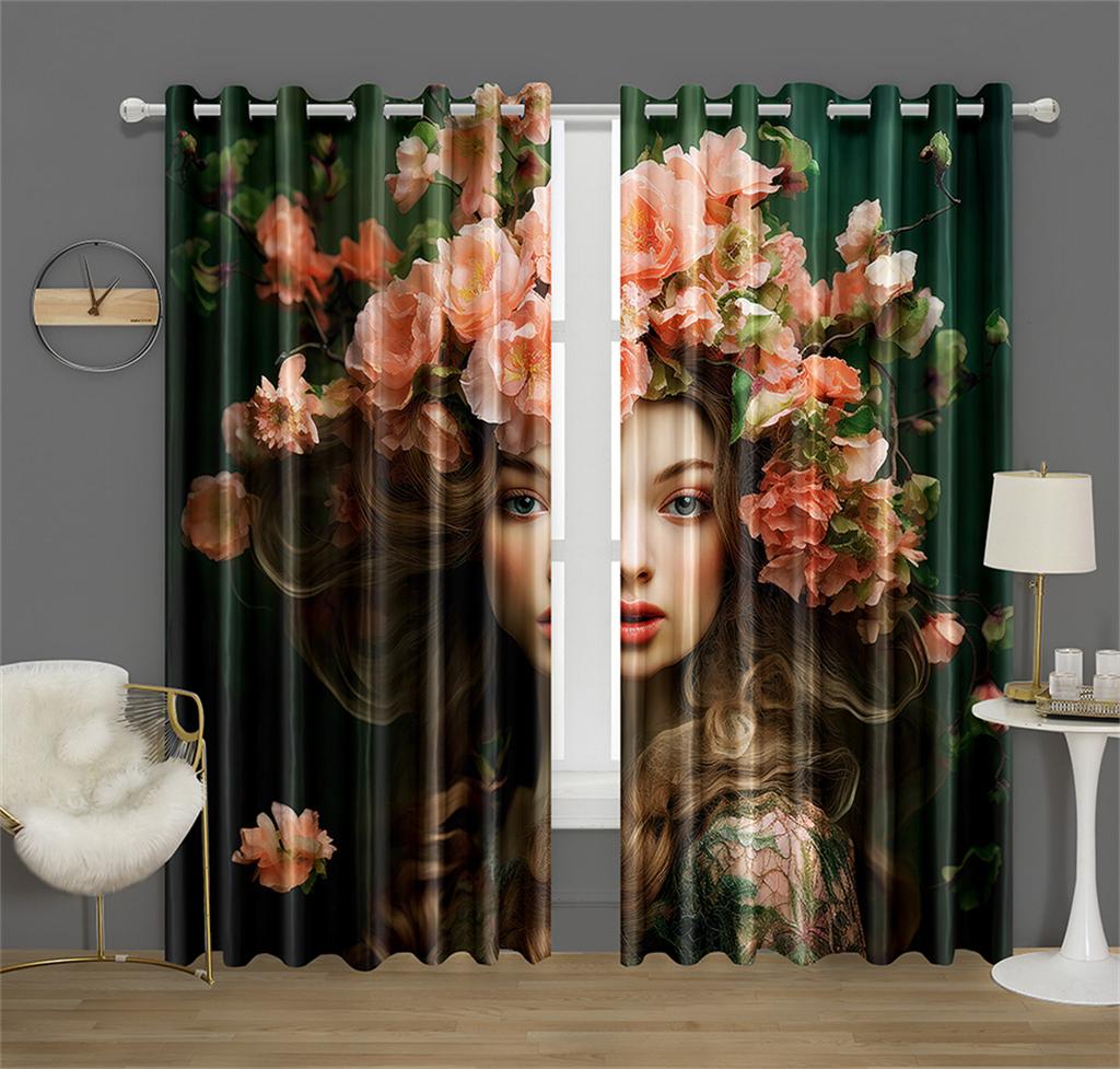 Beautiful floral Beauty model curtains green wall scenery curtains suitable for living room office kitchen decoration 2 pcs
