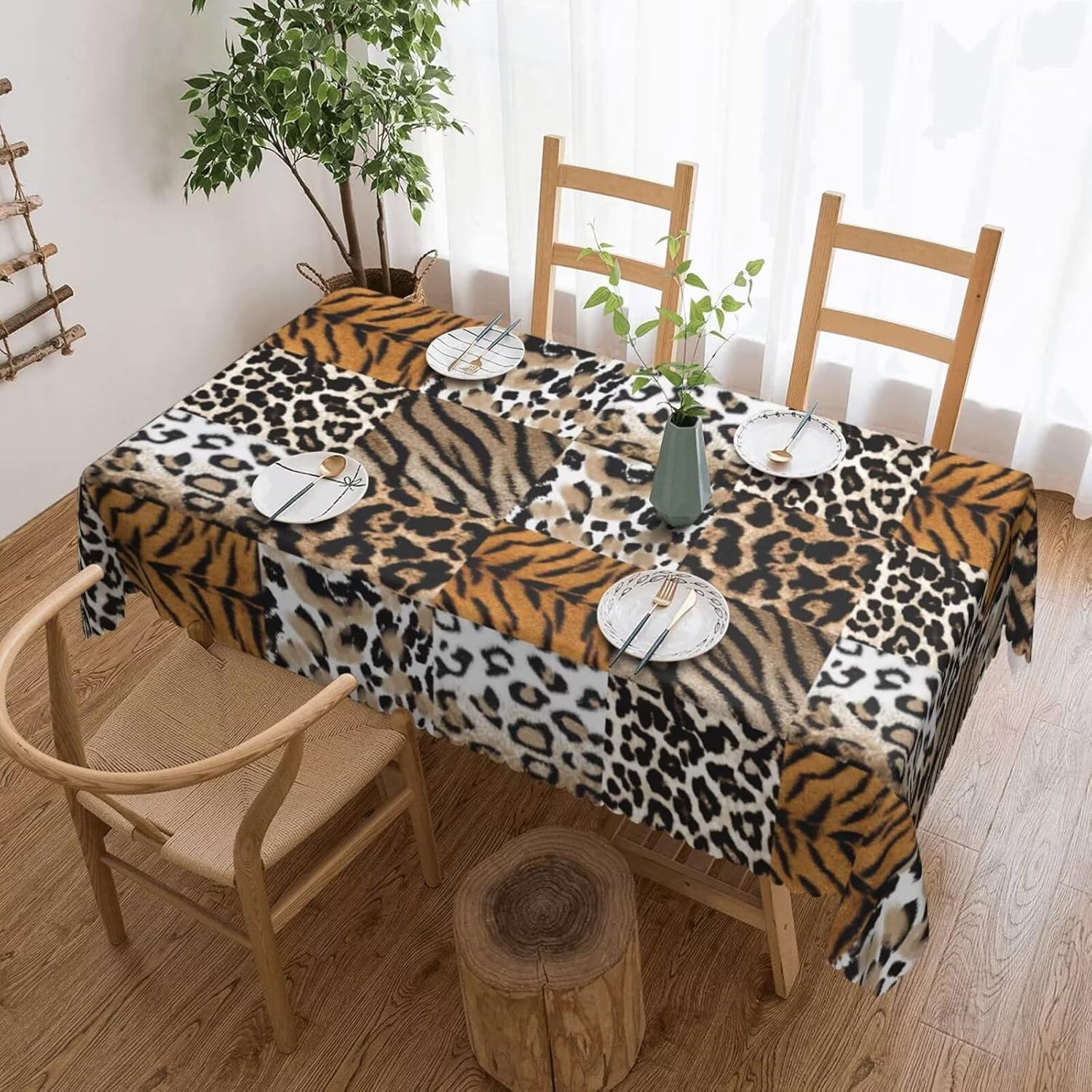 Rechthoekige Tafelkleed met Dierenhuid Print voor Tafeldecoratie Bruine Luipaard Tijger Wildlife Safari Geruite Tafelkleed Feestdecoratie 140x180cm