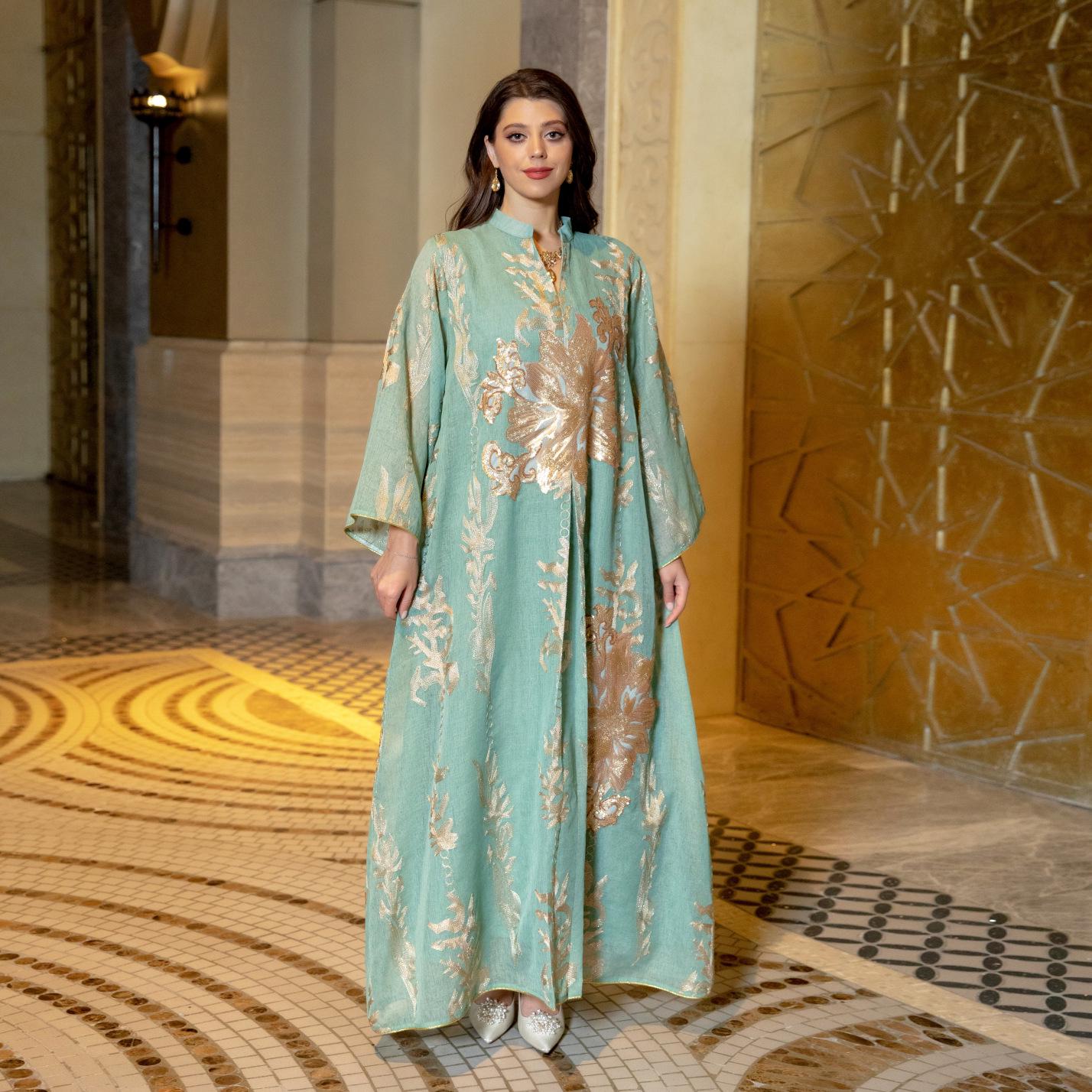 

AB056 Близькосхідна вечірня сукня з паєтками гарячого тиснення - Легка розкішна світська вечірка Абая для жінок світло-зелений колір