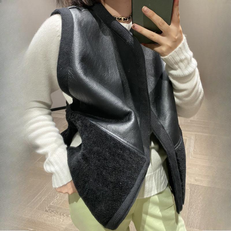 Höst Vinter Mode Svart Dubbelsidig Väst Dam Vintage Ficka Lammjacka Läder Linne Jacka Mångsidig