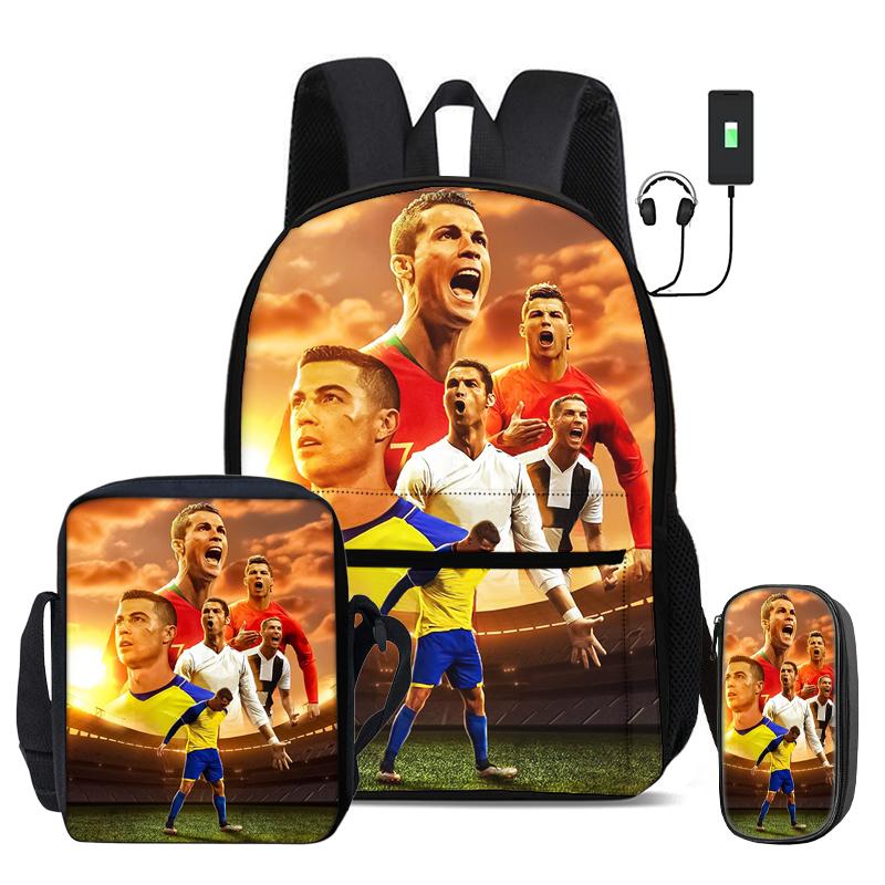 Ronaldo 3 Pcs Set School Bags Backpack with USB Interface CR Football Star Shoulder Bag Football Sports Pencil Bag Kids Rucksack