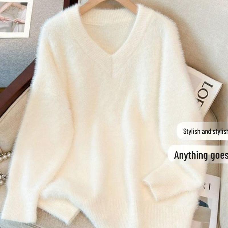 Women's Plus Size French V-Neck Mink Sweater - Autumn/Winter Loose, Soft, and Slimming Top