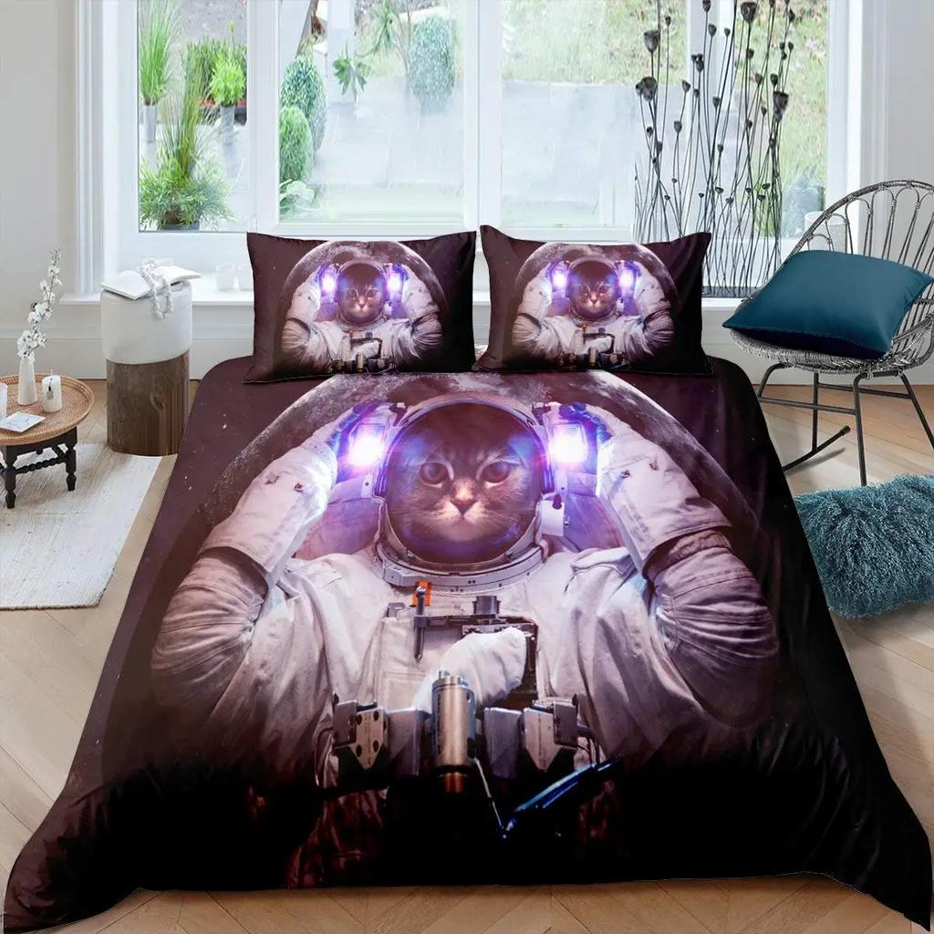 Galaxy Cat Duvet Cover Universe Galaxy for Kids Boy Girl Cute Kitten Printed Outer Space Planets Quilt Cover Bedroom Decorations