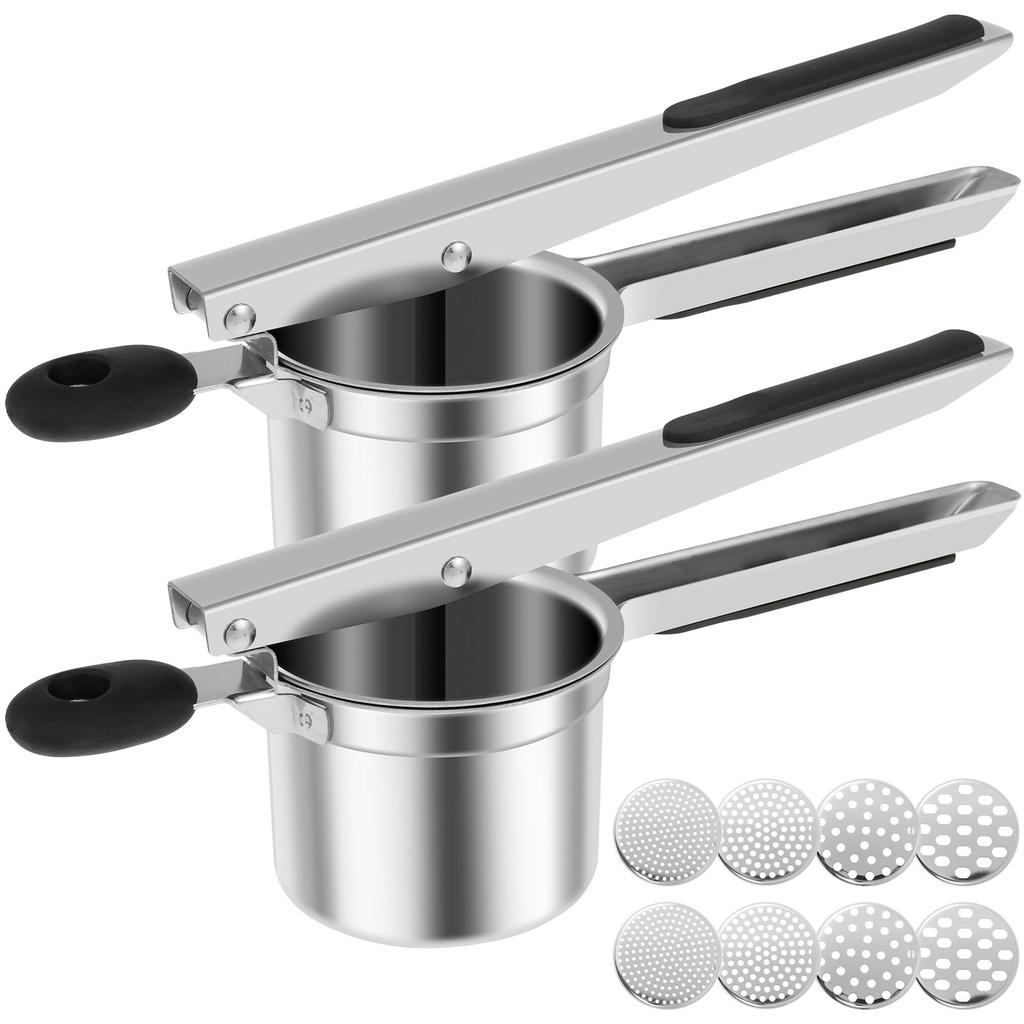 Manuelle Kartoffelpresse aus Edelstahl mit 4 Scheiben und rutschfestem Griff – ideal zum Kartoffelpüree-Herstellen.