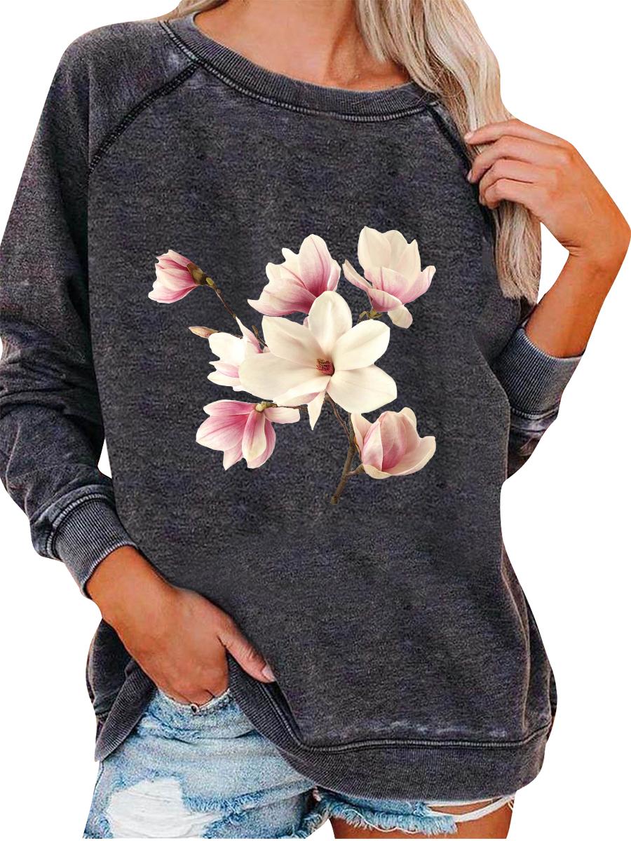 

Женский свитшот на весну/осень, женский свитшот оверсайз, модный топ с цветочным принтом 3XL серый