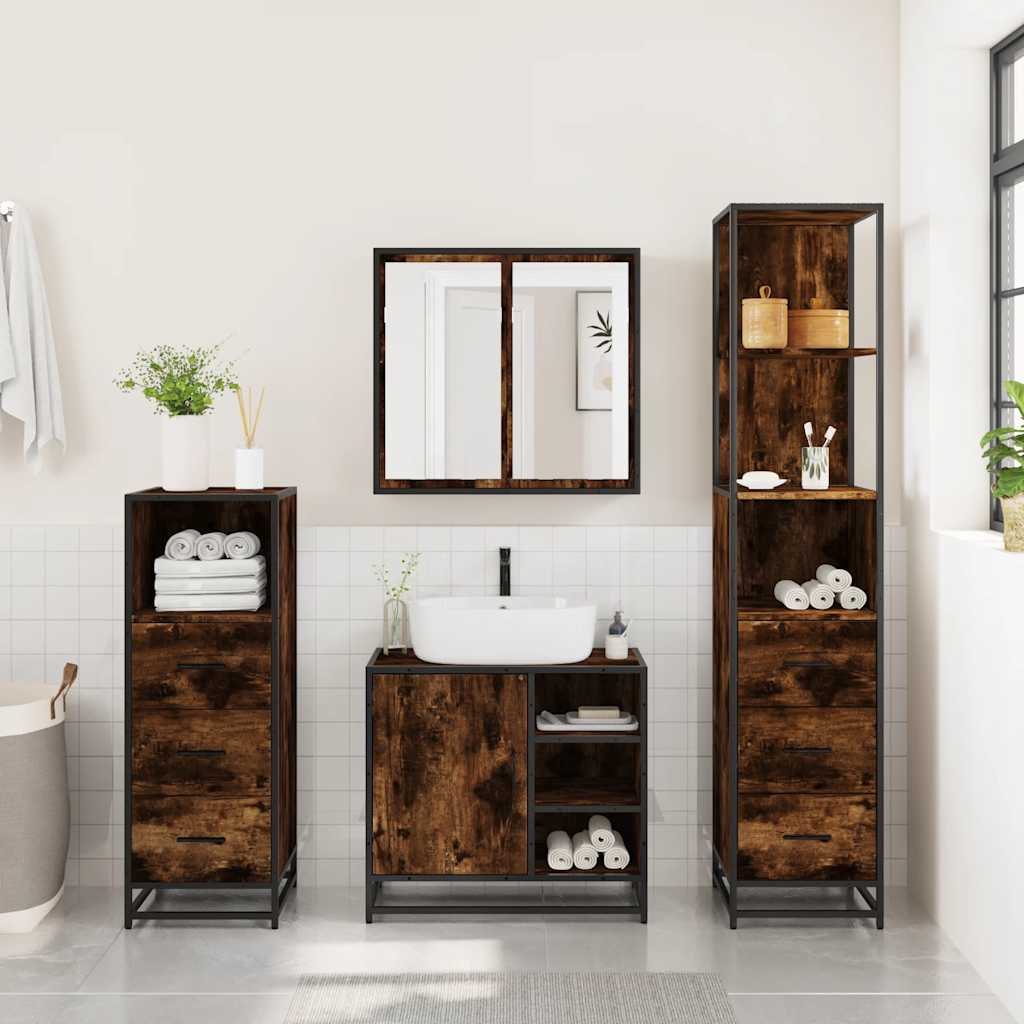 4 Piece Bathroom Furniture Set Smoked Oak Wood Based Material