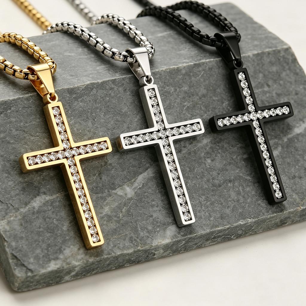 Stainless Steel Cubic Zirconia Cross Pendant Necklace, Zircon Inlay Faith Jewelry Gold/Silver Color Black for Men