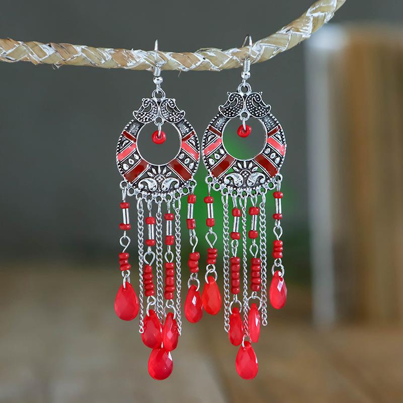 

Fashion Boho Beads Chain Tassel Drop Dangle Long Earrings For Women Handmade Geometric Enamel Bohemian Vintage Earrings Zircon красный