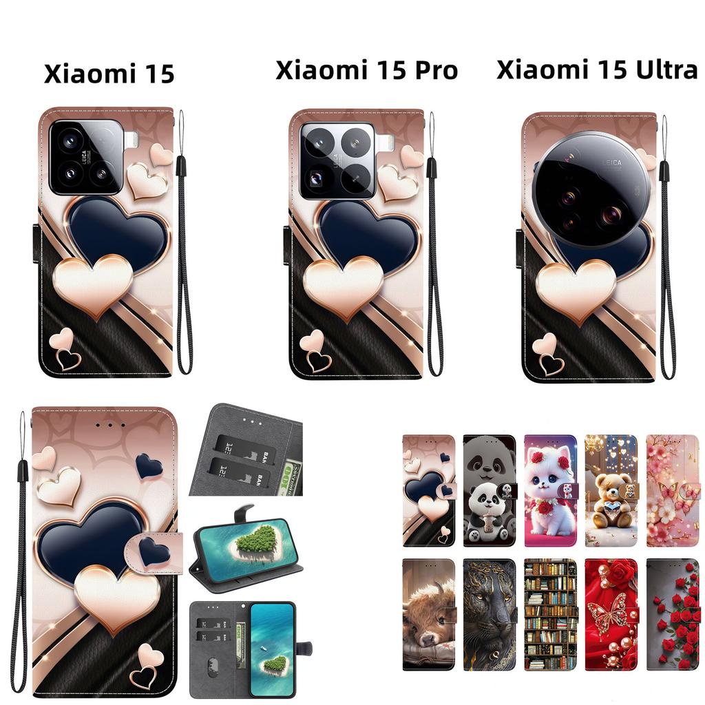 Handgefertigte PU-Leder-Klapphülle für Xiaomi 15/Xiaomi 15 Pro/Xiaomi 15 Ultra Rutschfeste, stoßfeste Hülle mit Handschlaufe & Herz/Rose/Katzen-Designs