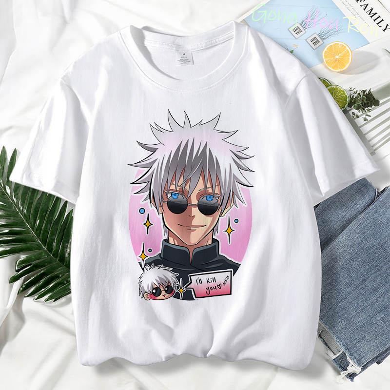 Japonské tričko Manga Jujutsu Kaisen Top Dámské Anime Gojo Satoru Tričko s potiskem Funny Gojo Cat Grafika Tričko Kawaii Neformální topy