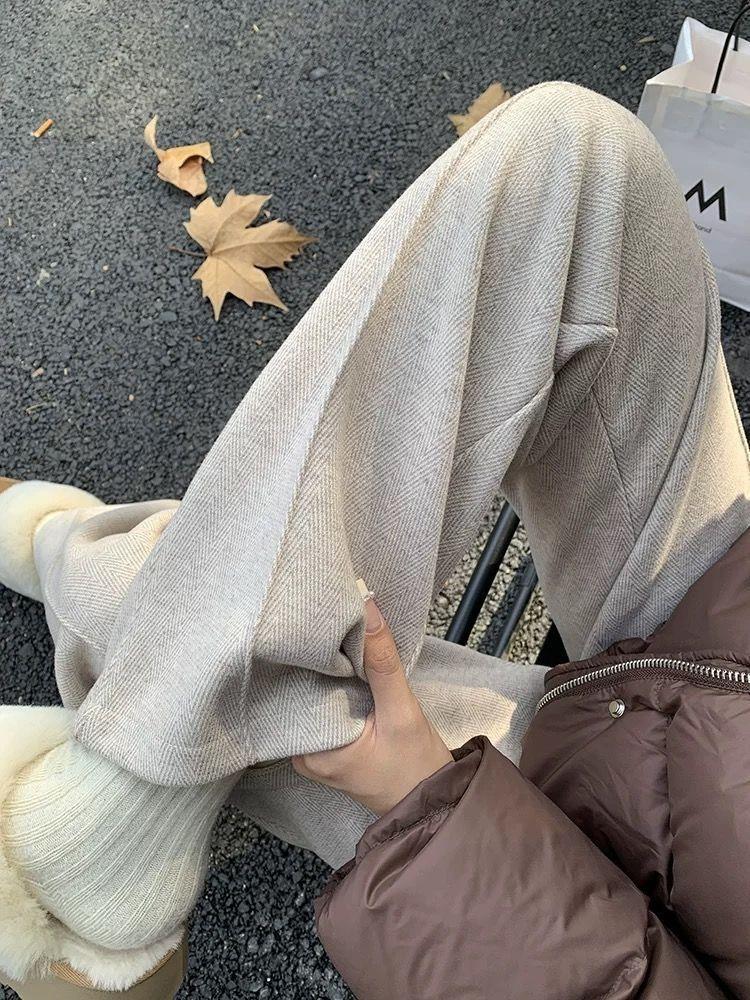 Women's Gray Herringbone Wool Pants, Autumn Winter, Plus Velvet, Narrow Wide-Leg Style, 2025.