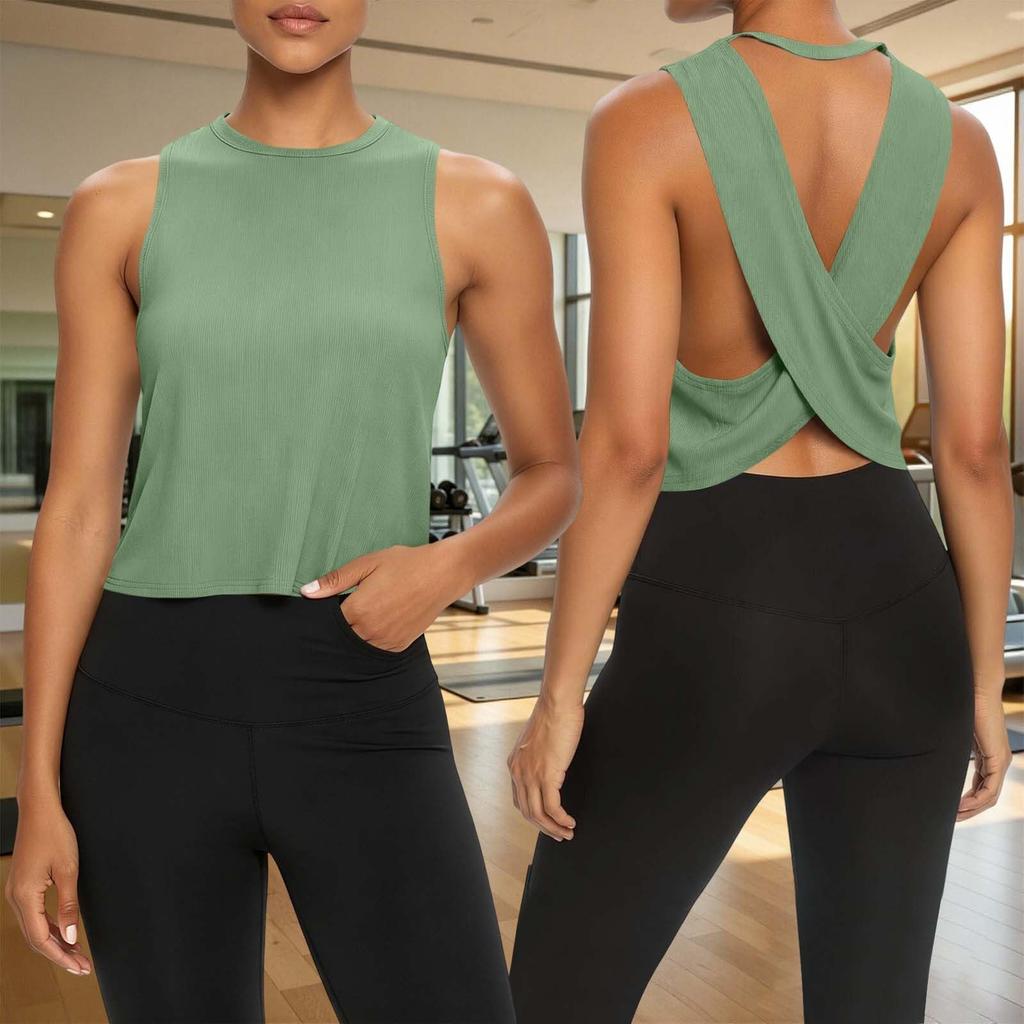 Sleeveless Athletic Tank Top Cross Back Design Lightweight Breathable Fabric Stretch Fit Workout Shirt for Women Gym Running Yoga