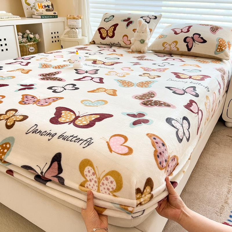 Winter Warm Flannel Fleece Bed Sheet Cartoon Flower Printed Thick Bed Sheets for Winter Single/Queen/King Soft Plush Bed Sheet