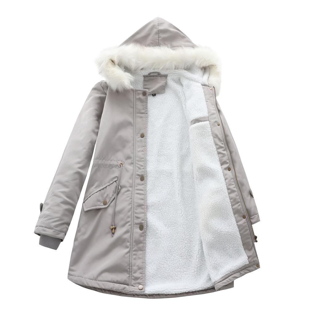 Women's Fashion Solid Colour Autumn And Winter Detachable Hair Collar Long Sleeve Hooded Cotton Fleece Jacket