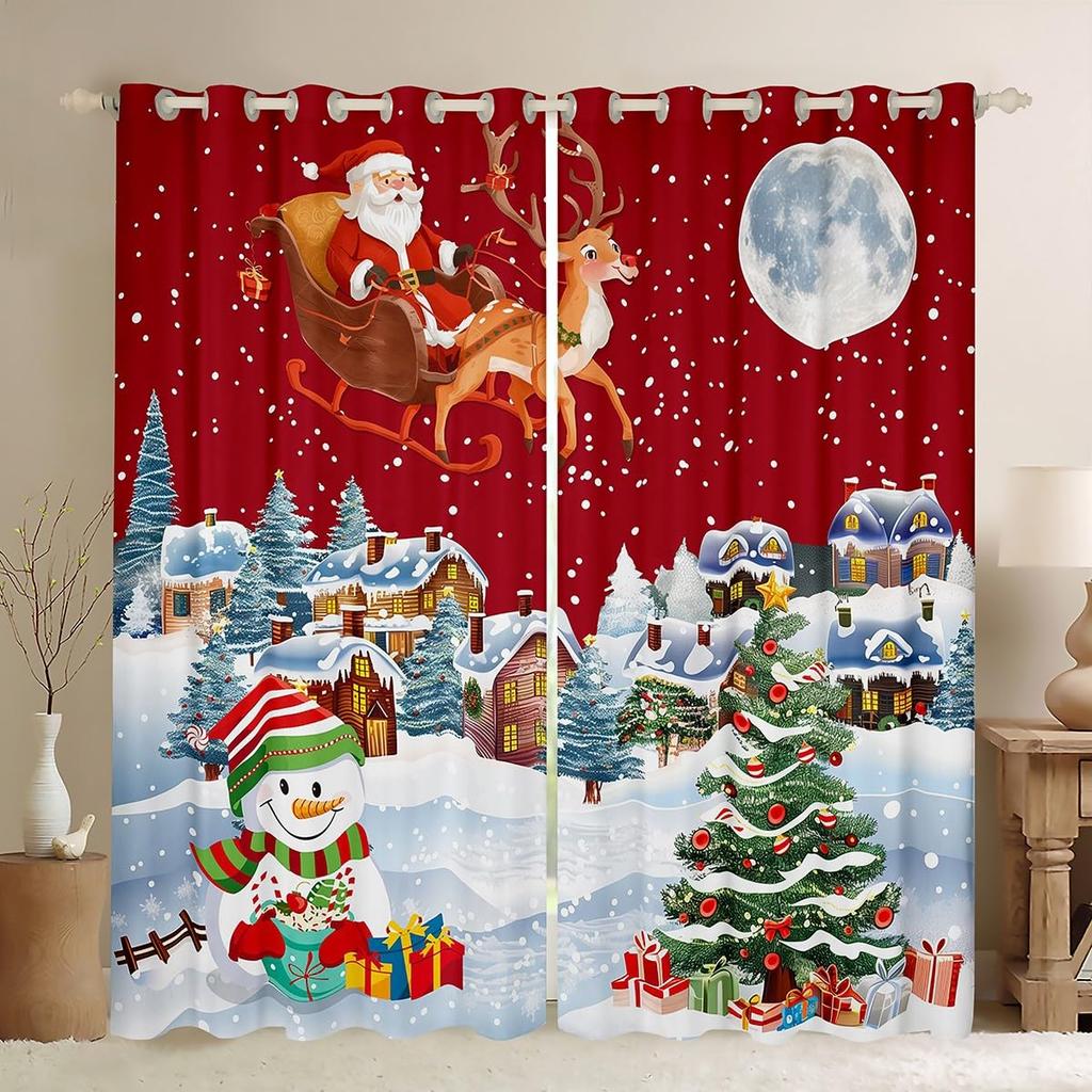 Blackout Christmas Tree Curtain Cute Santa Claus Living Room Decor Cartoon Snowman Window Curtains Drape Made Of Polyester Washable Sitting Ready