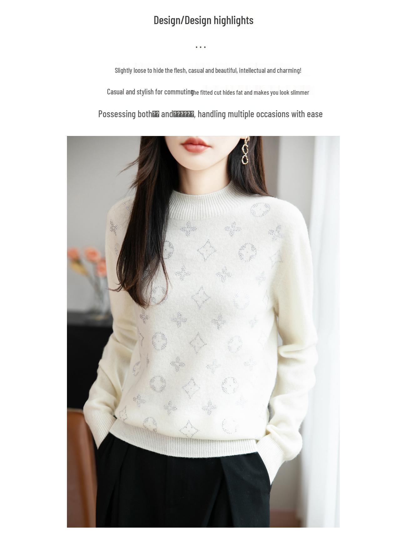 

Женский осенний вязаный свитер со стразами: Воротник-стойка, Повседневный, Универсальный, Свободный крой L белый