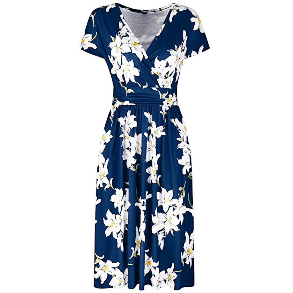 Women's New Summer Printed V-Neck Design Temperament Mid Length Dress