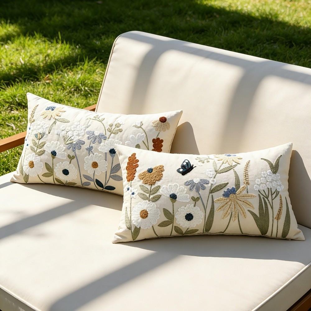 Pastoral Floral Embroidered Cushion Cover Canvas Throw Pillowcase Small Fresh Pillowslip  Bedroom