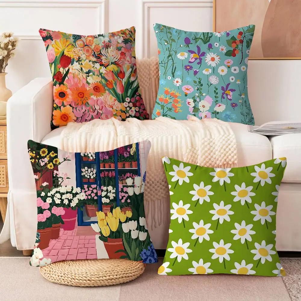 BLOMSTERMARKNAD Blomsterkonst Kudde Animekudde Soffsäng Huvudkuddfodral Kuddöverdrag 45x45 Cm Mode