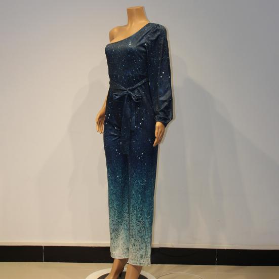 Kombinezon damski na imprezę z szerokimi nogawkami, z wysokim stanem, z błyszczącym pudrem, z jednym długim rękawem