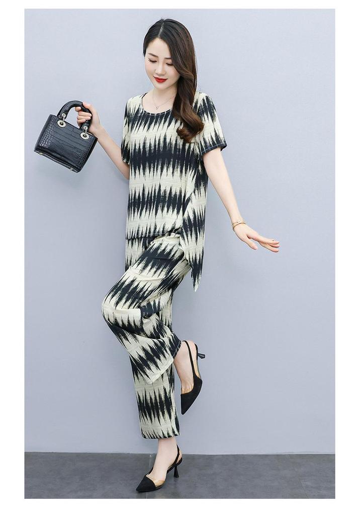 Women's Plus Size Summer Tie-Dye Cotton Linen Suit: Irregular Hem Top & Wide Leg Pants Two-Piece Set