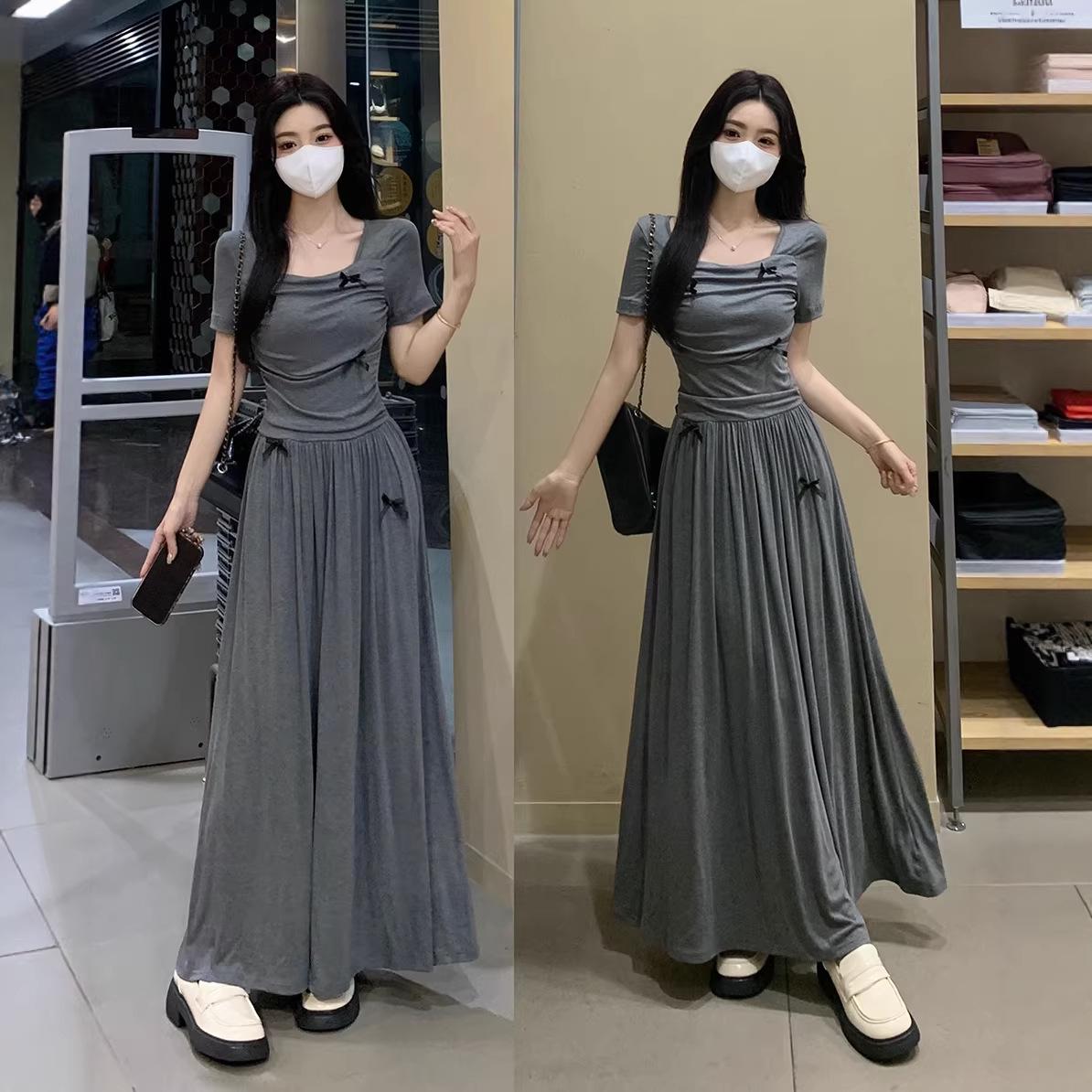 

Women s Plus Size Grey Bow Square Neck Dress - Summer 2026 Slimming Pleated Large Hem with Dropped Shoulders XL сірий
