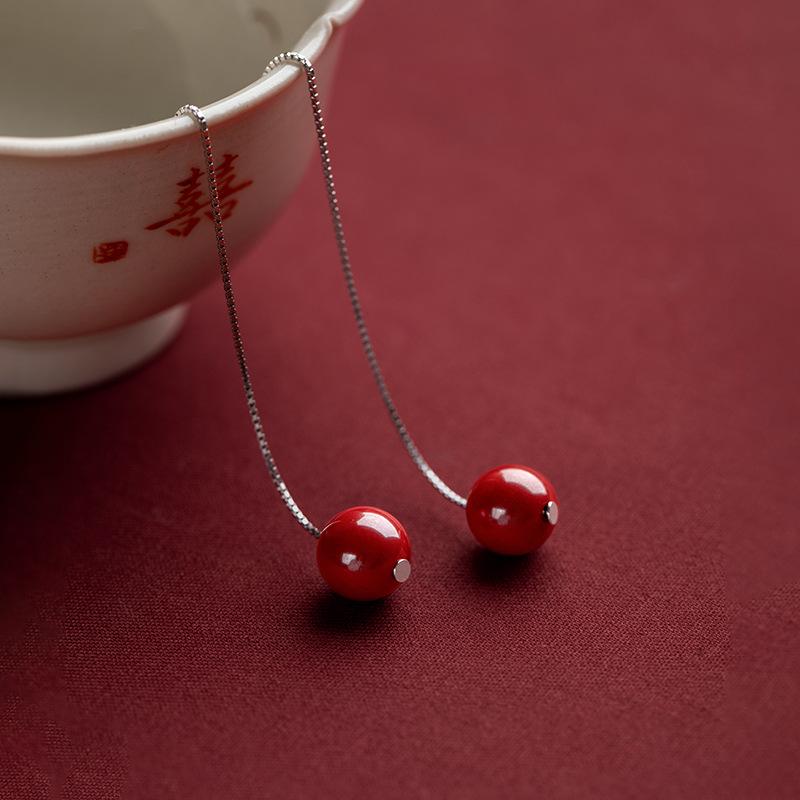 New Cinnabar Pure Silver Ear Thread, Hypoallergenic Earrings, Simple Women's Ear Studs, Ear Piercing Care, Birthstone Gift