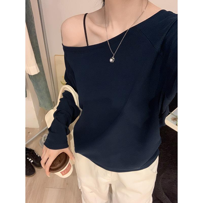Spring Autumn Sloping Shoulders Solid Color T-shirt Women Long Sleeve Casual Fashion All-match Pullover Tee Top