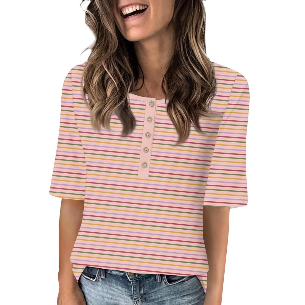 Shirts For Women Trendy Round Neck Button T Shirts Printed  Blouse Half Sleeve Tops For Women