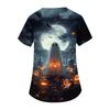 Women V Neck Short Sleeve Work Top with Side Slits and Pockets Halloween Pumpkin Print Shirt Suitable for Professional Use and Casual Wear