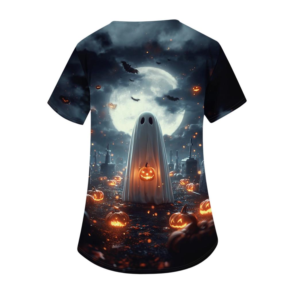 Women V Neck Short Sleeve Work Top with Side Slits and Pockets Halloween Pumpkin Print Shirt Suitable for Professional Use and Casual Wear