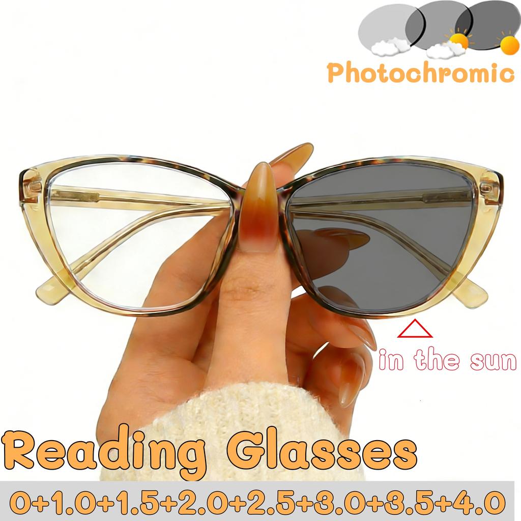 Women Popular Cat Eye Photochromic Reading Glasses Lady's Personalized Blue Light Blocking Color Changing Far Sight Eyeglasses