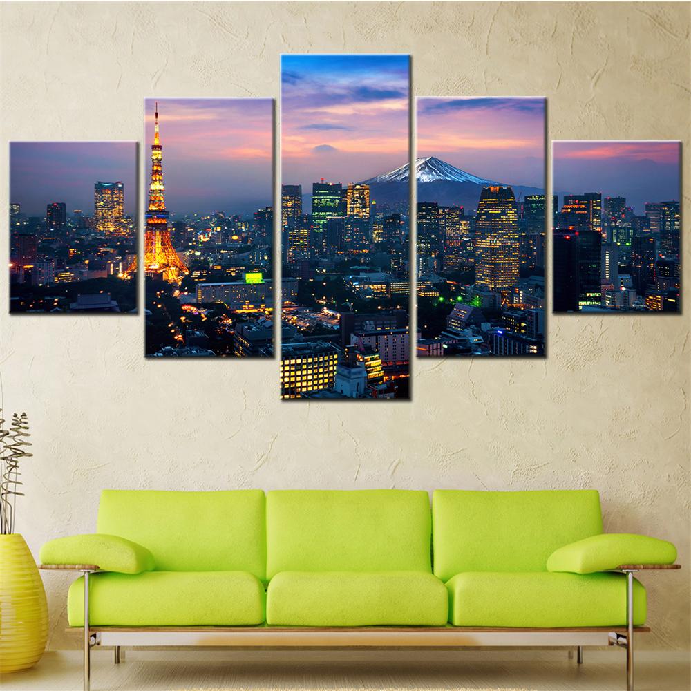 

5Pcs Aesthetic Room Decor Interior Paintings Tokyo Cityscape Fuji MT Aerial View Picture Modular Wall Art Canvas Poster & Print 20X35 20X45 20X55CM