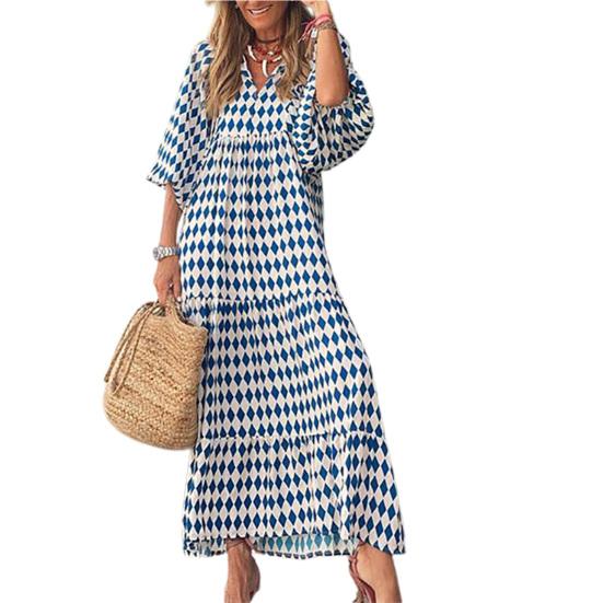 Women Dress Geometric Print Large Hem Autumn Bohemian Ruffles Long Dress for Beach