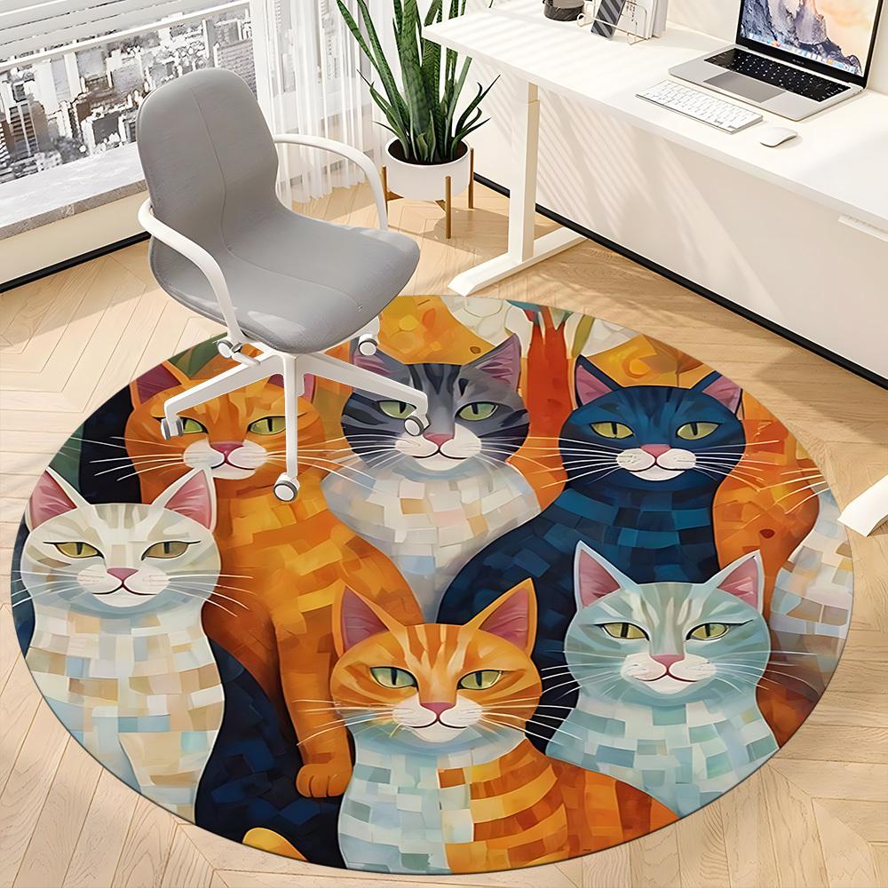 1PC Cat Family Office Round Area Rug, Indoor Mat Suitable ForOffice, Under Office Chairs Bedroom Living Room Home Decor, Room Deco f003