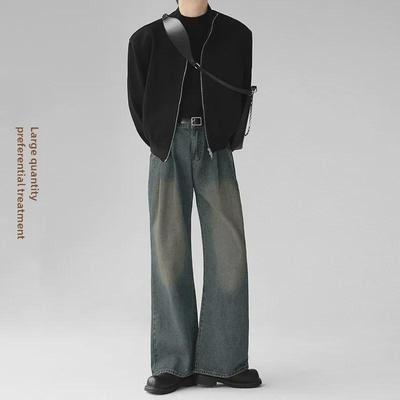 Korean INS Retro Pleated Wide-Leg Jeans - Unisex Floor-Length Washed Trousers