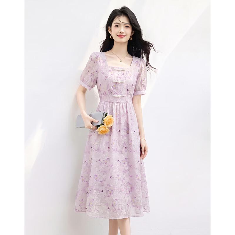 Elegant French Style Floral Print Midi Dress