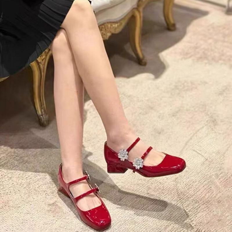 Fashion Spring New Style Thick Heel Shoes for Women Square Head Shallow Mouth Diamond-like Buckle Soft Sole Non-slip Mid-heel Shoes