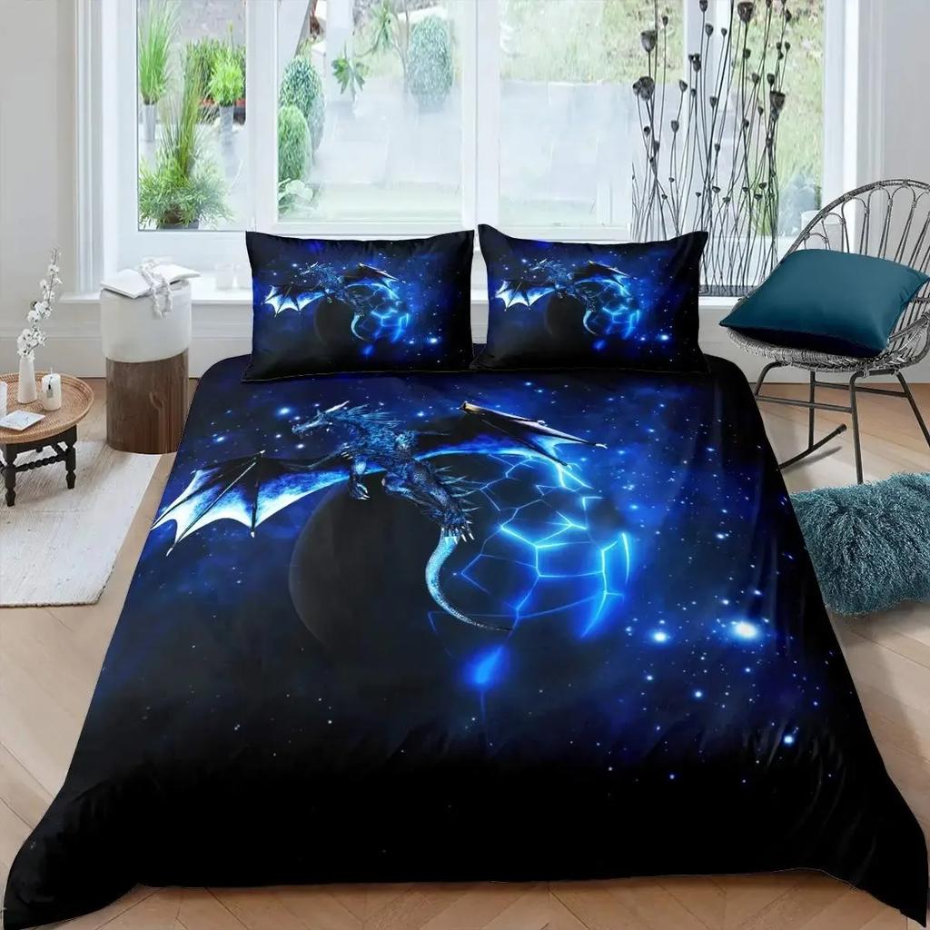 Ice Fire Dragon Duvet Cover Set for Boys Oriental Beast Bedding Set Eastern Auspicious Animals Fairy Tale Comforter Cover