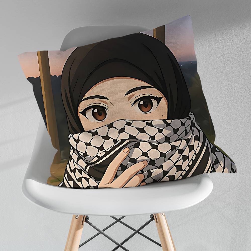 Cartoon Arabic Muslim Girls Throw Pillow Case Living Room Sofa Cushion Cover For Home Bedroom Decoration Protector