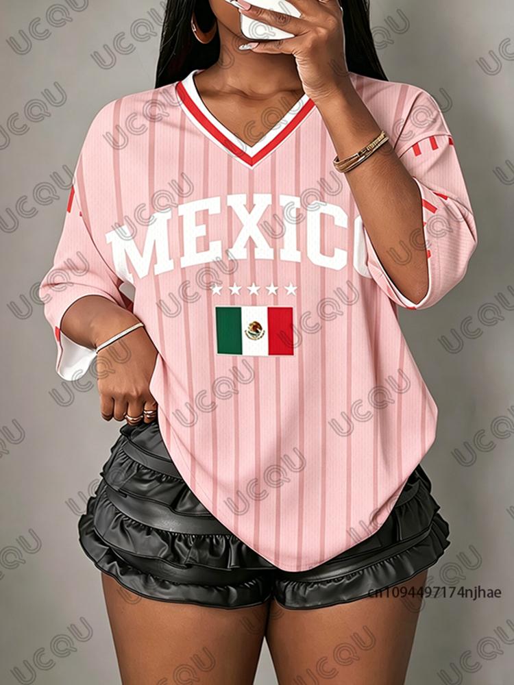 Summer New Stripe Mexico Flag Print T-Shirt For Women V-Neck Short Sleeve Sports Tees Football Jersey Y2K Loose Oversized Tops