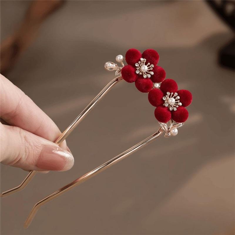 New Chinese Style Velvet Flower U-Shaped Hairpin Retro Rhinestone Hair Stick Elegant Bride Hair Accessories