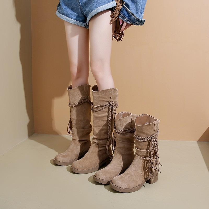 Western thick-heeled version of retro wasteland wind fringed knight boots cowhide boots thin high boots women's high boots