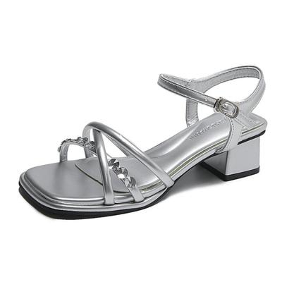 Sandale cu toc fashion pentru femei, cu barete, cataramă argintie, culoare solidă, pantofi de vară pentru femei, pantofi sexy de petrecere de vară