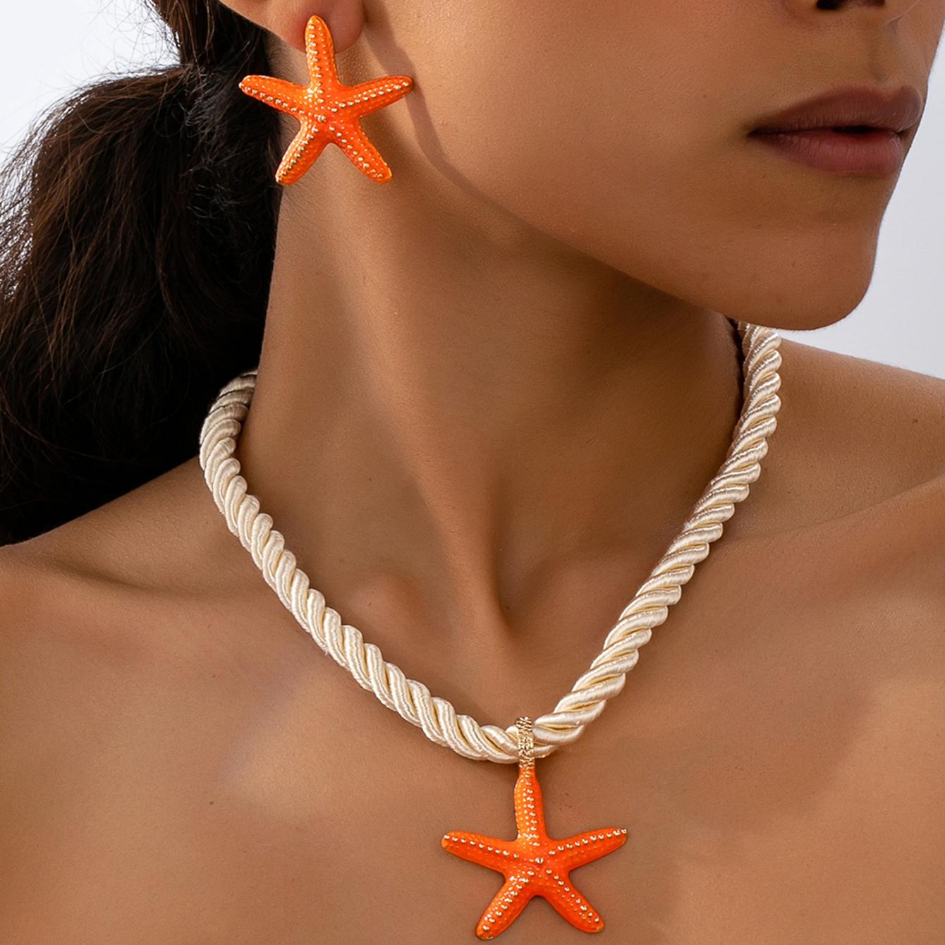 

Women s Jewelry Set Zinc Alloy Orange Starfish Pendant Necklace and Earrings Exaggerated Summer Ocean-Themed Jewelry Gift Suitable for Daily Wear and