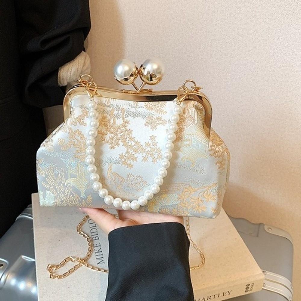 Embroidery Chinese Style Kiss Lock Handbag Faux Pearl Chain Silk Clutch Bag  Special Events