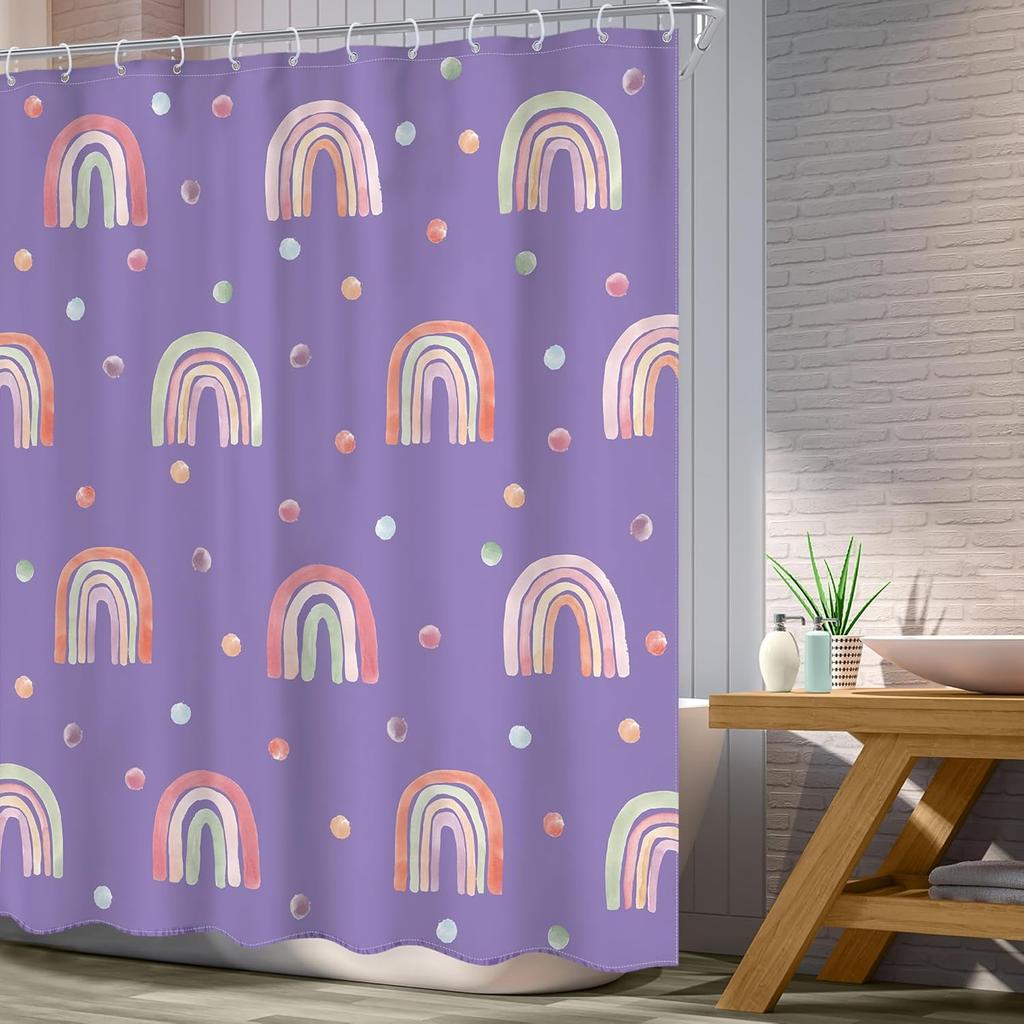 Kids Girls Purple Rainbow Shower Curtain Boho Rainbow Lavender Polka Dots Cartoon Cute Princess Vintage Preppy Girly Bathroom