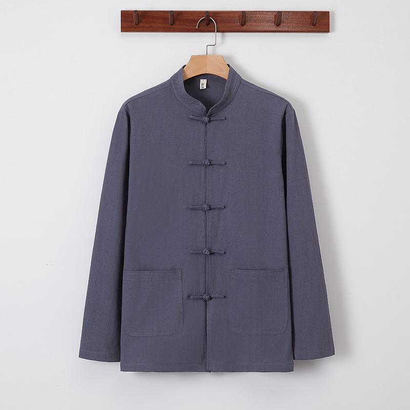 Spring and Autumn Chinese Retro Men's Chinese Style Linen Shirt Men's Long-sleeved Cotton and Linen Plate Button Shirt Stand-up Collar Tang Suit