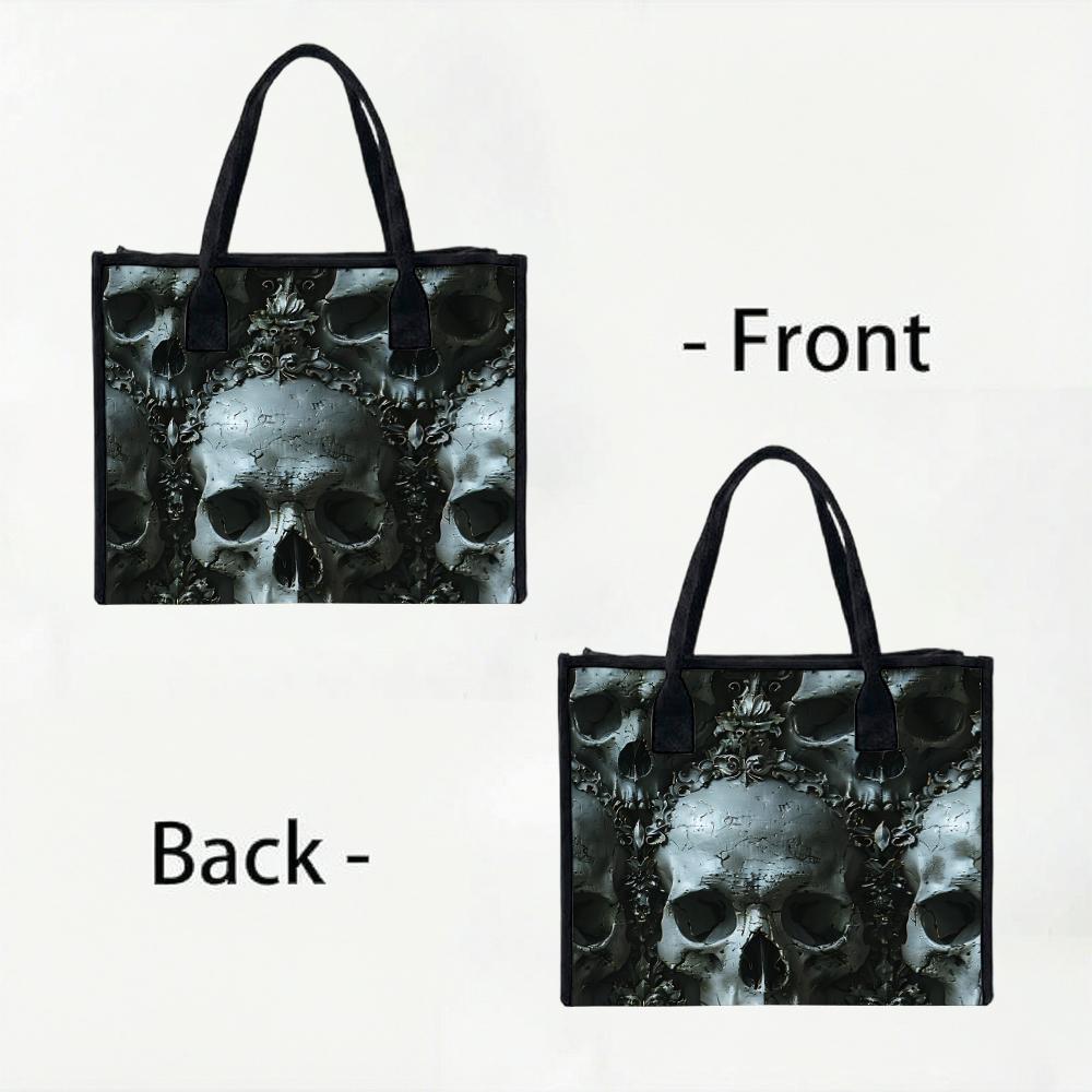 Gothic Skull Pattern Tote Bag Casual Street Style Large Capacity Carry Bag for Daily Commute Unique Dark Aesthetic Shoulder Bag