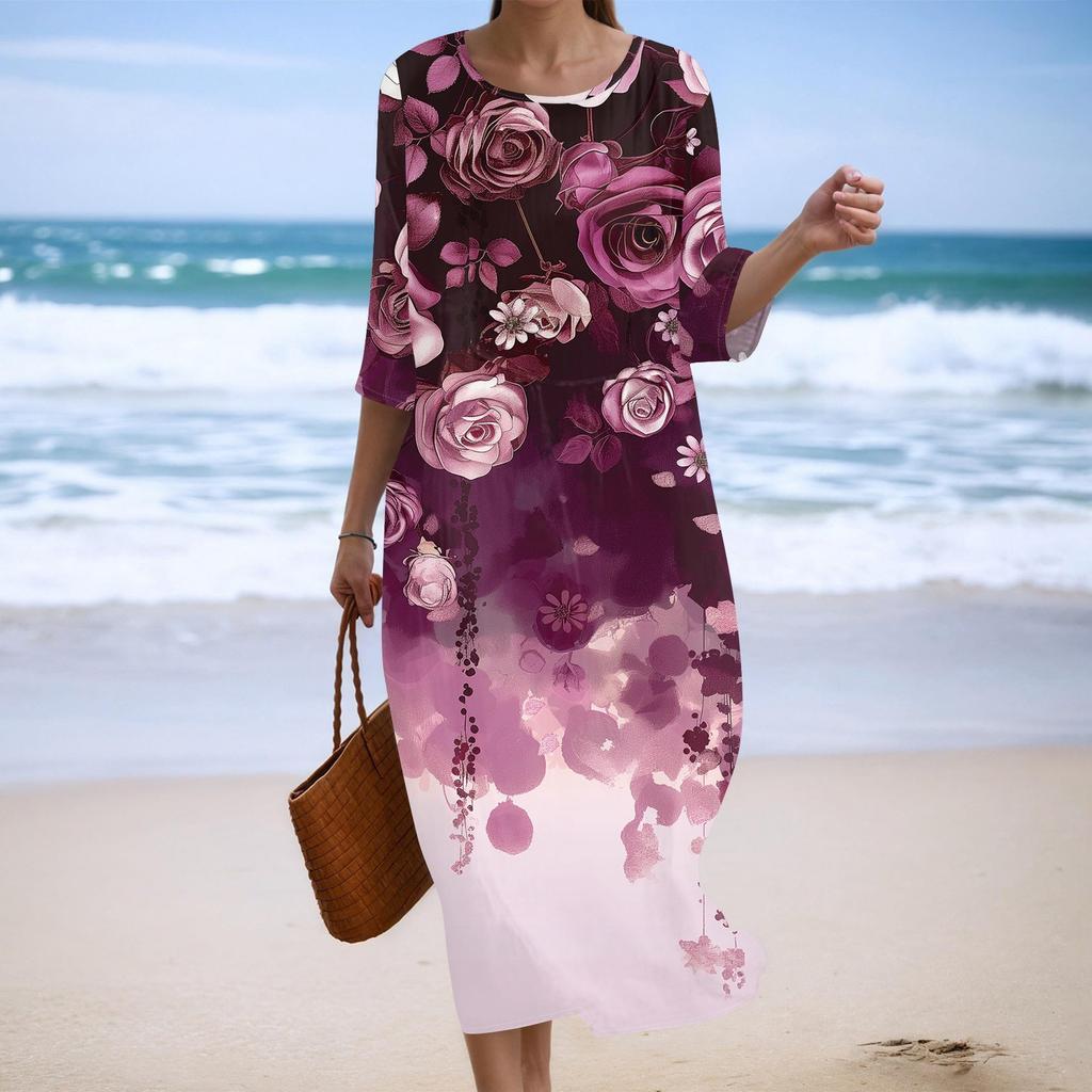 Damen Modisches Bedrucktes Rundhals Siebenviertelärmel Lockeres Kleid